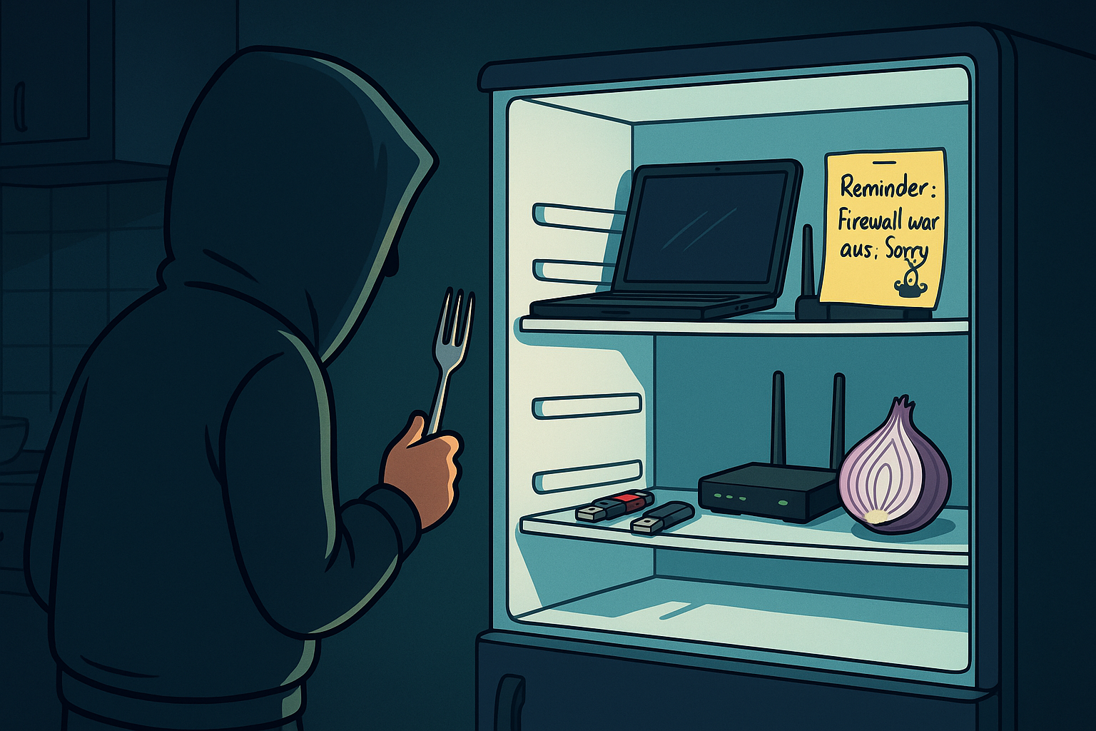 Person mit Kapuzenpulli schaut nachts in einen Kühlschrank voller Technik wie Laptop, USB-Sticks und einer halbierten Zwiebel – ein humorvoller Hinweis auf digitale Sicherheit